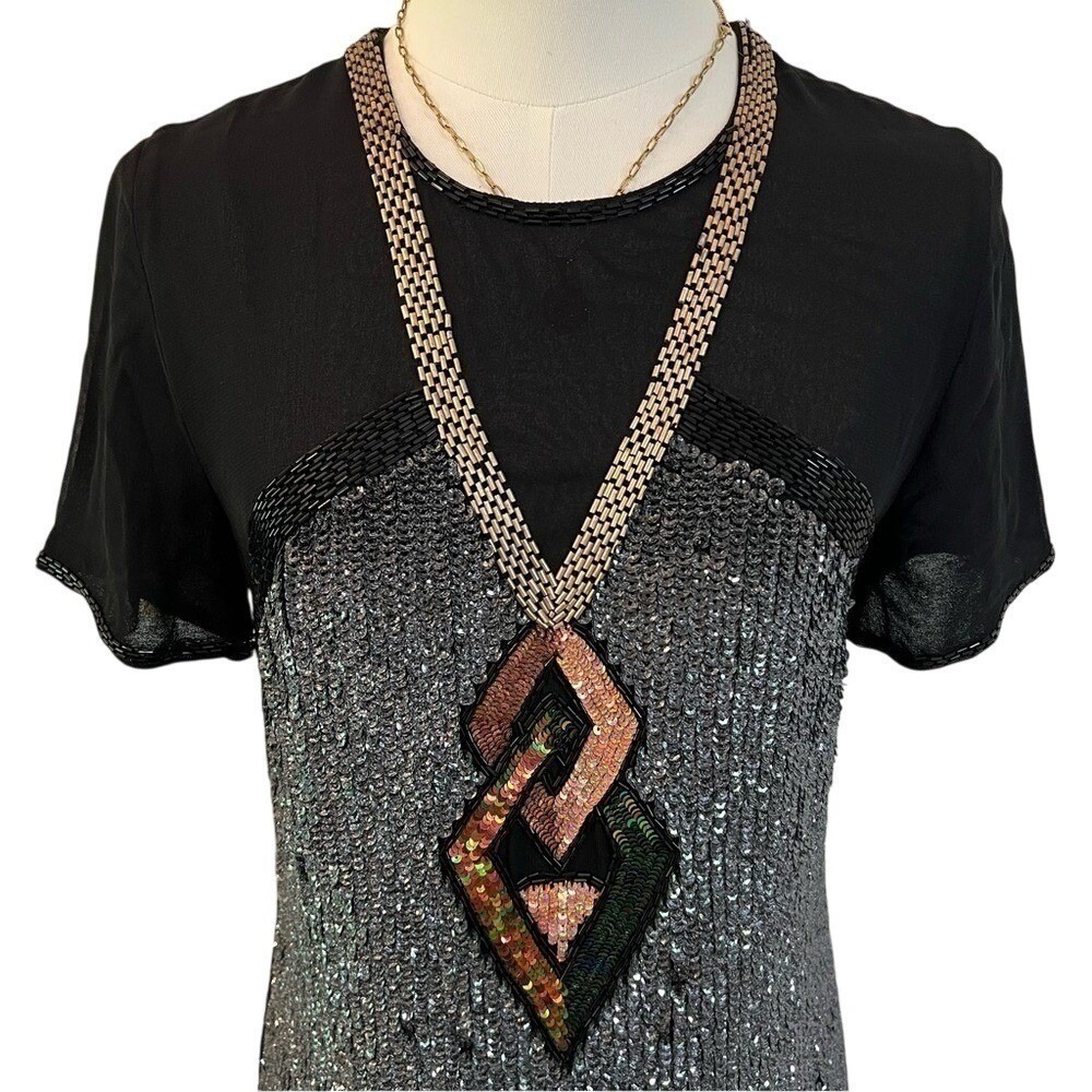 French Connection Sequin Beaded Mini Dress Black Metallic Y2K Party 4 - Picture 9 of 12